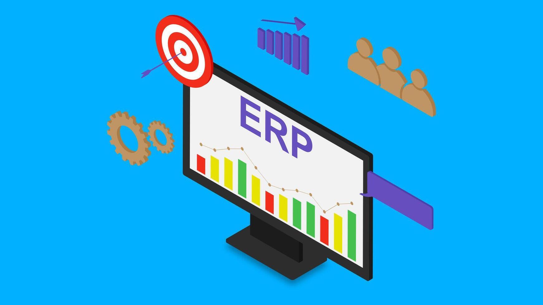 ERP software, enterprise resource planning with monitor isometric on blue background. Productivity, data analysis, dart target and team for business vector