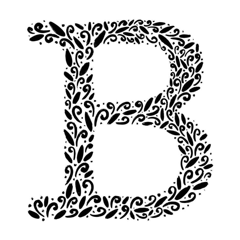 Floral botanical alphabet. Vintage hand drawn letter B. Letter with plants and flowers vector