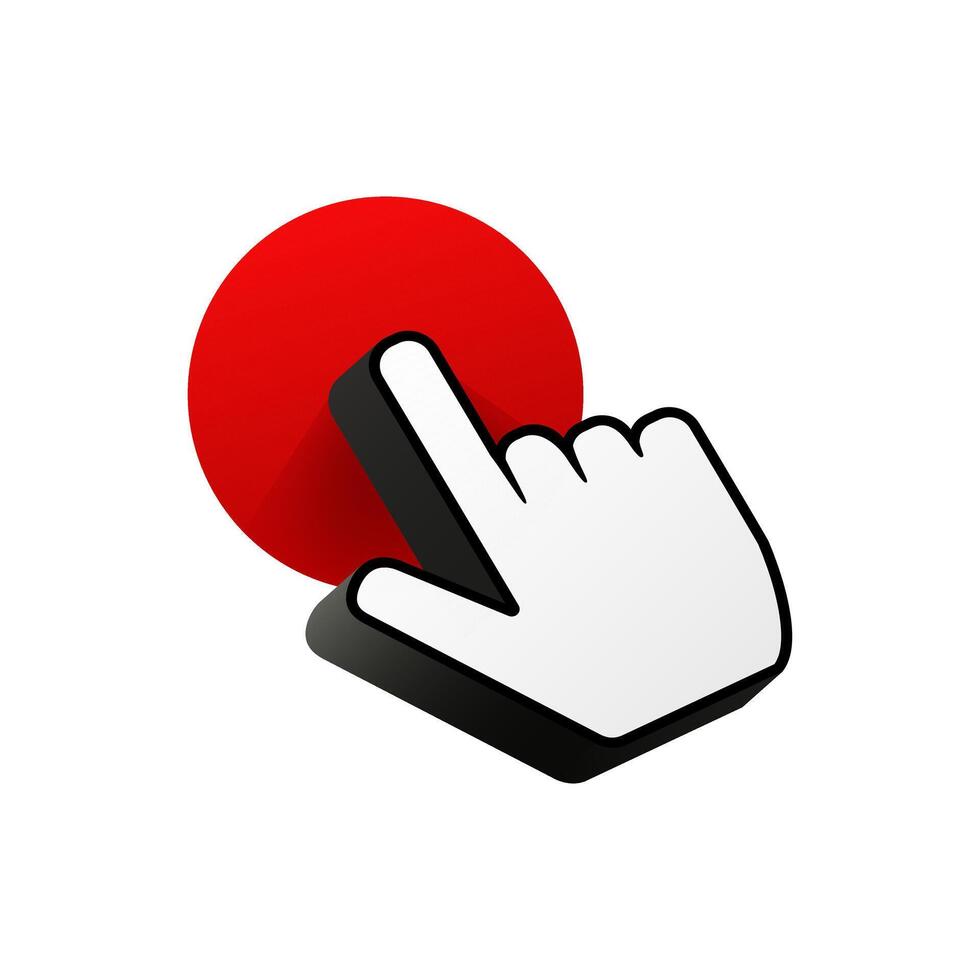 White hand cursor for computer click on red button. vector