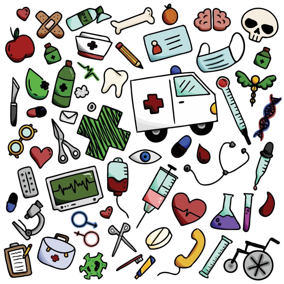 A colorful collection cute image of medical-themed doodles, including items like an ambulance, stethoscope, syringe, and various health-related symbols. Ideal for healthcare and medical designs. vector