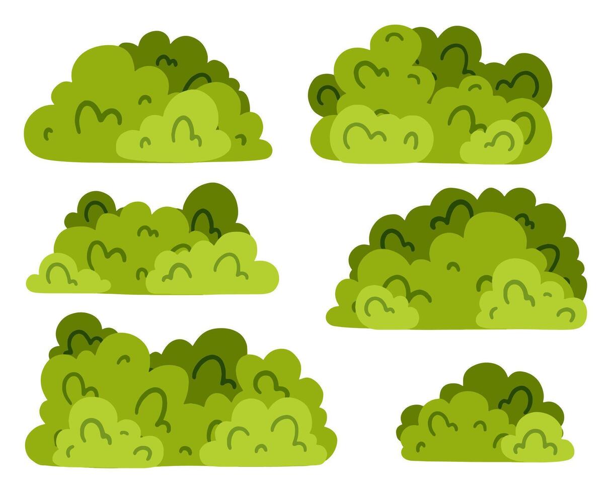 Illustration set of various green bushes in different shapes and sizes. Ideal for landscape design, nature-themed illustrations, or garden-related projects. simple, , green bushes design. vector