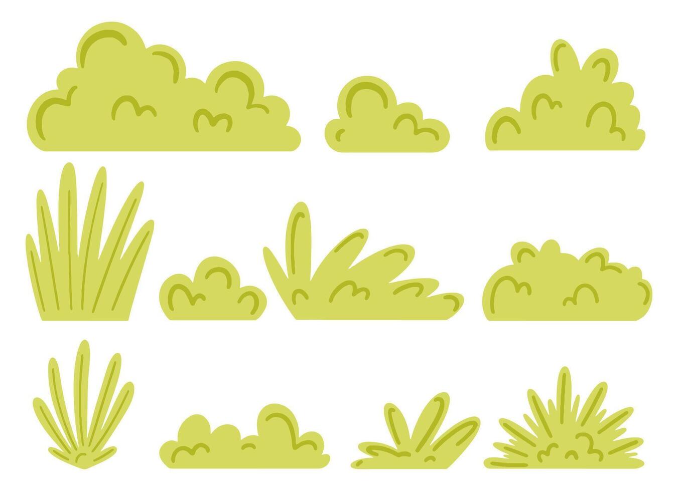 A set of green bushes in various shapes and sizes. Ideal for use in design projects such as landscape illustrations, nature-themed materials, or background elements. Bushes collection. vector