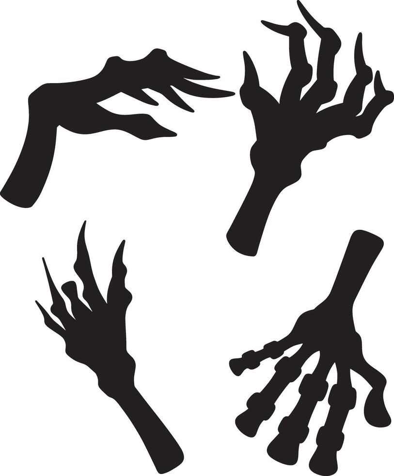 Zombie hands silhouette. Terrible hands from the grave. Set of different hand gestures, the man's hand is holding bone. Design elements for the holiday of Halloween vector