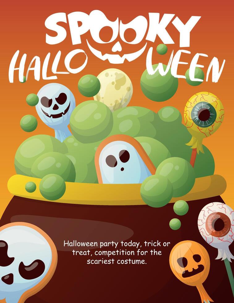 Halloween day poster or banner template. ghosts brewing a potion, halloween, zombies, pumpkins, cony, sweets, hands, ghost, creepy trees, cemetery, cobwebs and realistic 3d halloween design elements. vector