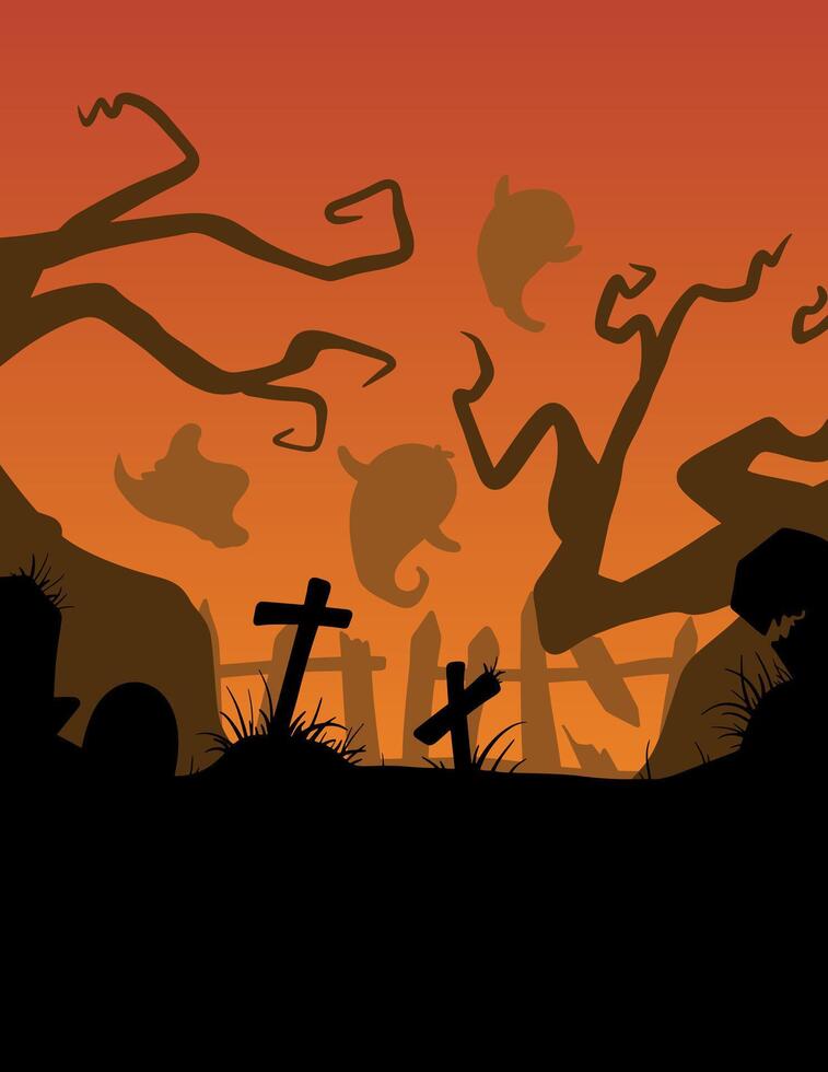 poster scary background of cemetery, graves, creepy trees, ghosts. halloween celebration decor flyer vector