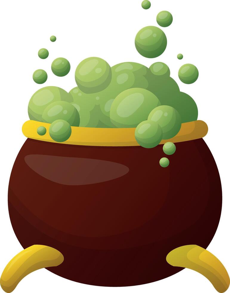 Steel cauldron with boiling green magic potion isolated on white background. Sketch for a poster or card for the holiday of all evil spirits Halloween. cartoon close-up illustration. vector