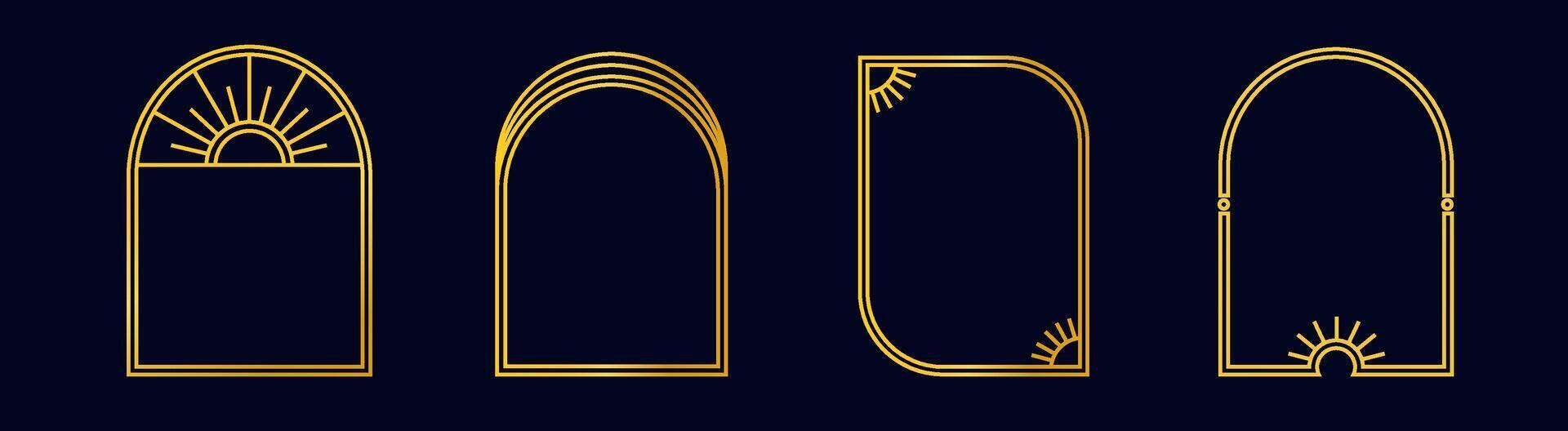 Golden magical arches with sun designs and patterns. Decorative arch for interiors set against vector
