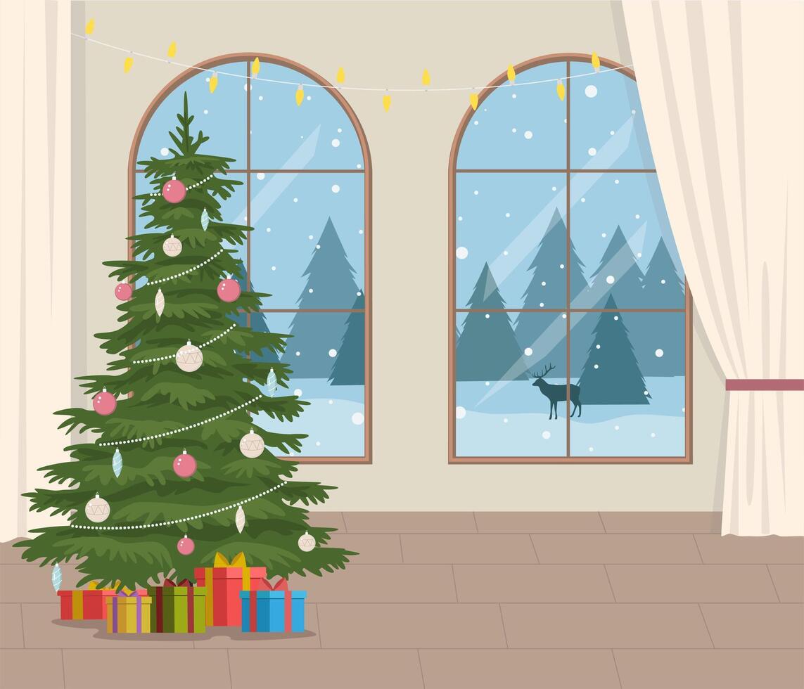 room with big windows and winter landscape, Christmas tree. Beautiful Christmas background vector