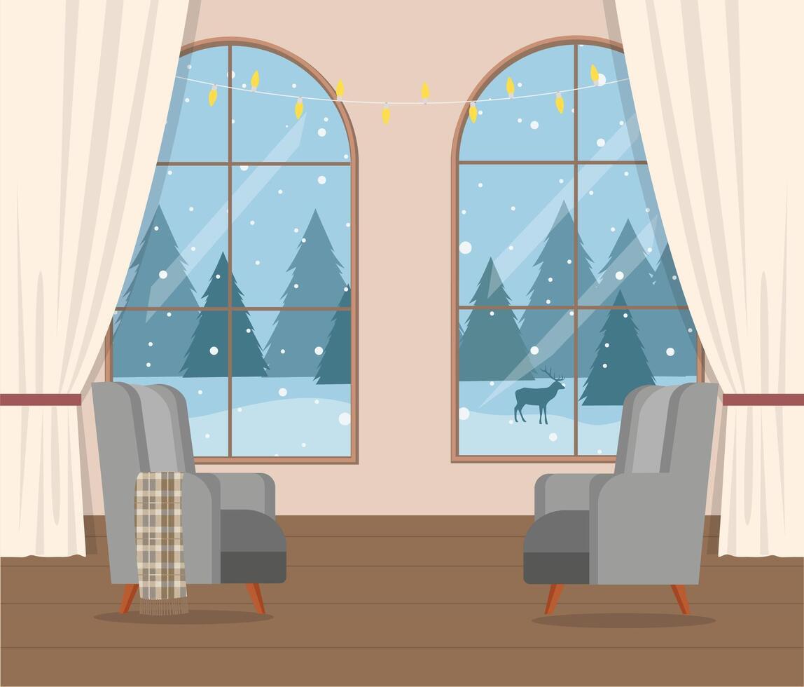 room with big windows and winter landscape and grey chair. Beautiful Christmas background vector