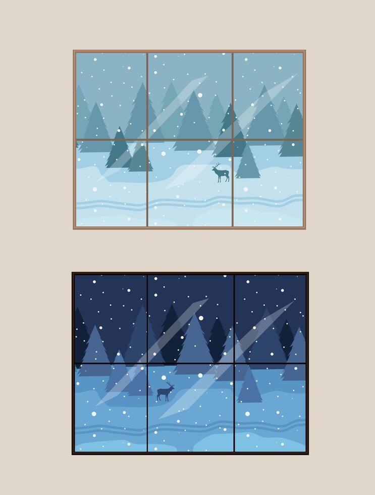 windows with winter landscape. Beautiful Christmas interior elements. vector
