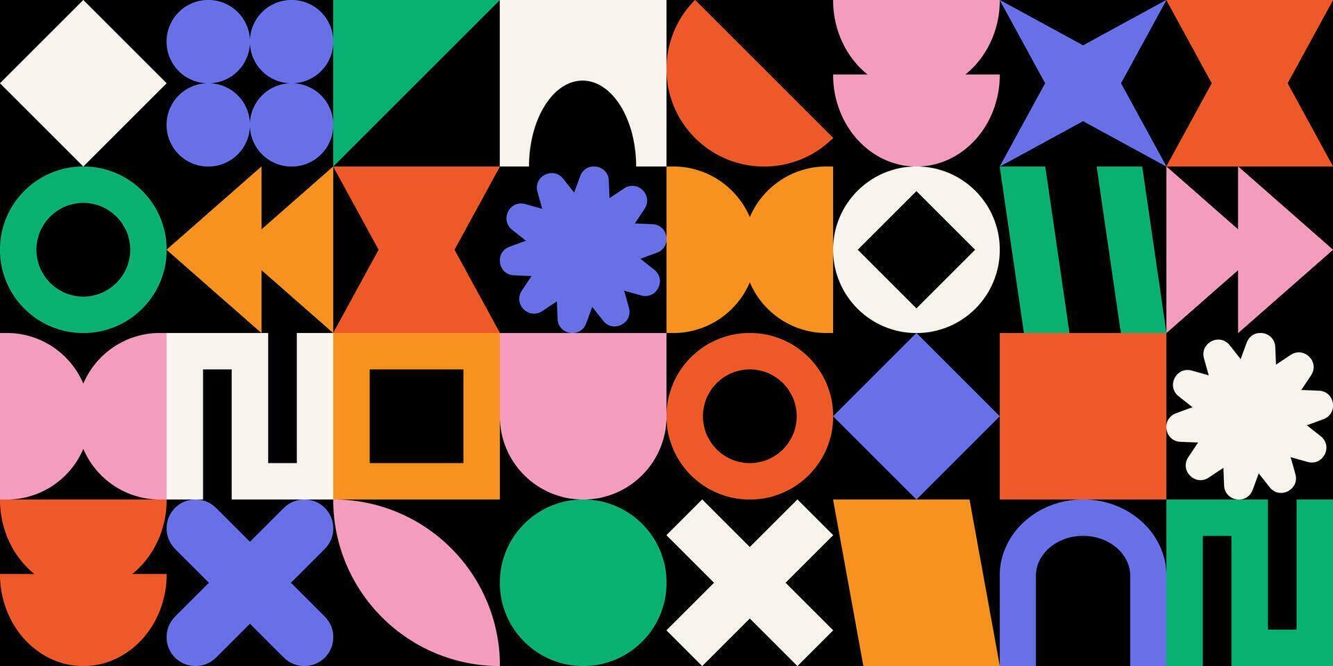 Y2k geometric shape seamless pattern. Brutalism shapes on black background. Futuristic minimalist geometric seamless pattern illustration. Modern abstract poster in retro style. Wrapping design. vector