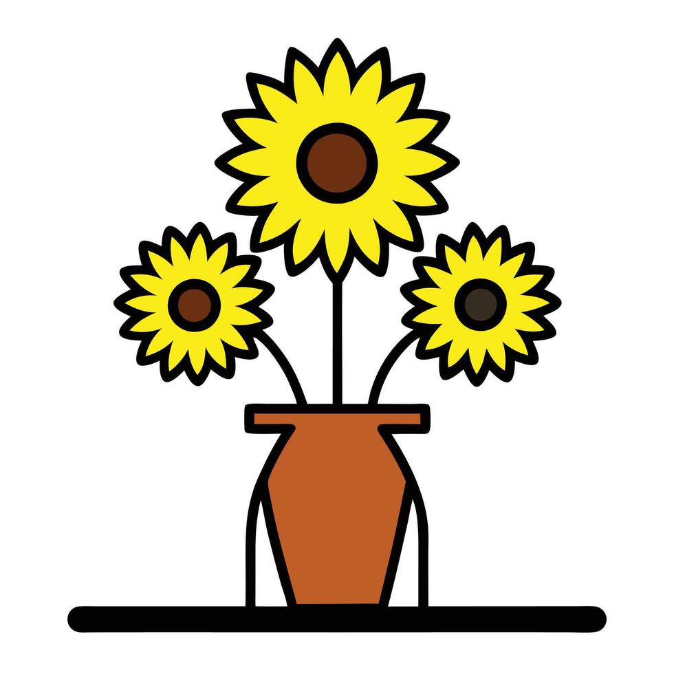 Bunch of Sunflowers in a Vase with Black Outline on White Background vector