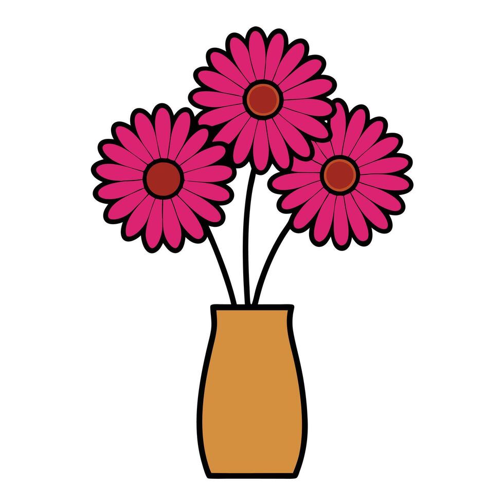 Bunch of Hot Pink Gerbera in a Vase with Black Outline on White Background vector
