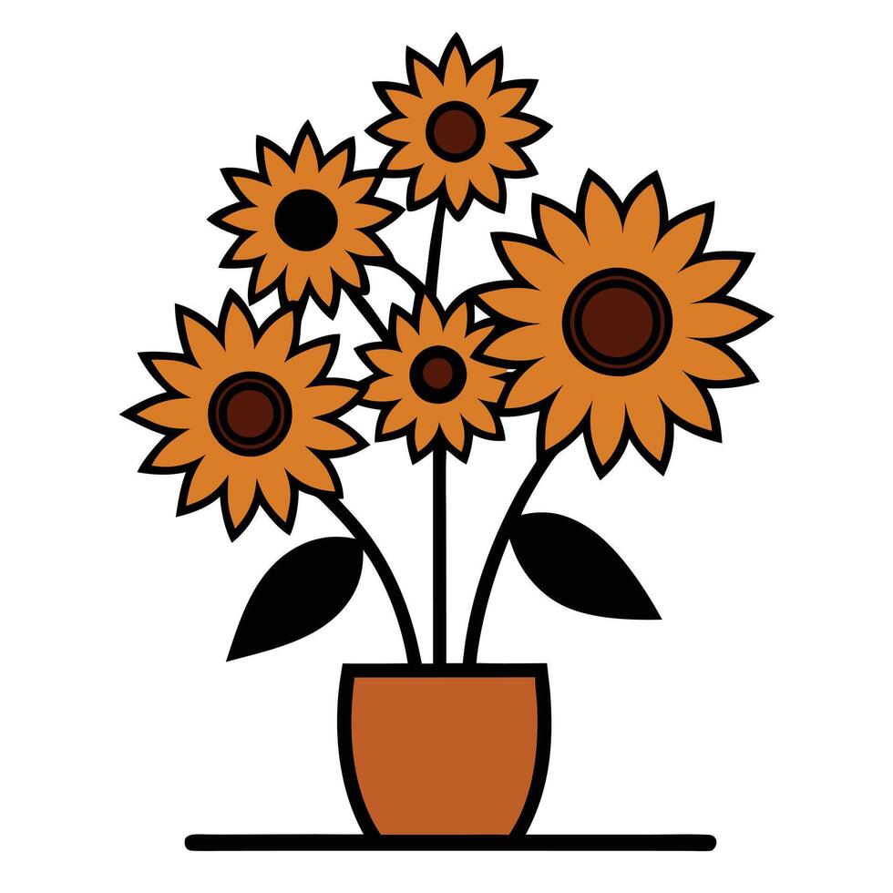Bunch of Sunflowers in a Vase with Black Outline on White Background vector