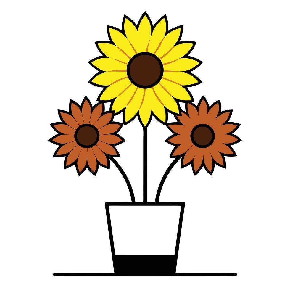 Bunch of Sunflowers in a Vase with Black Outline on White Background vector