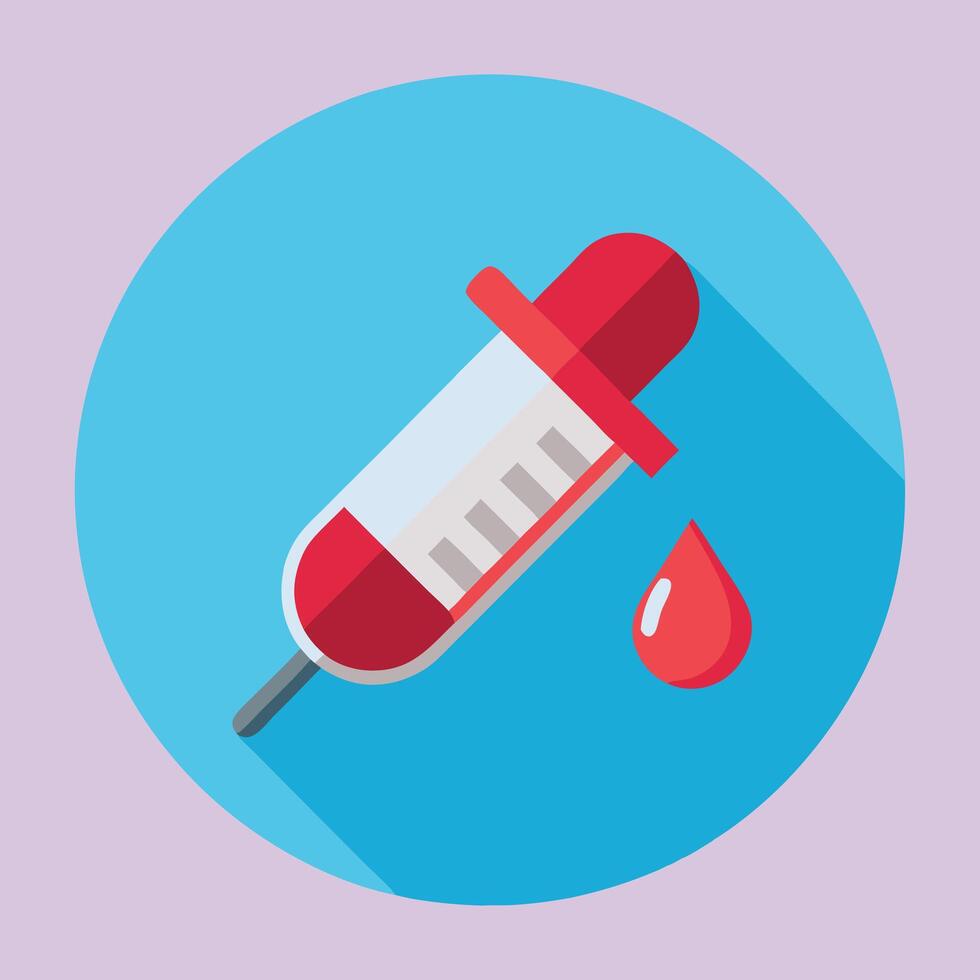 A simplified icon of a syringe with a drop of blood. The syringe is placed on top of a white pill. vector