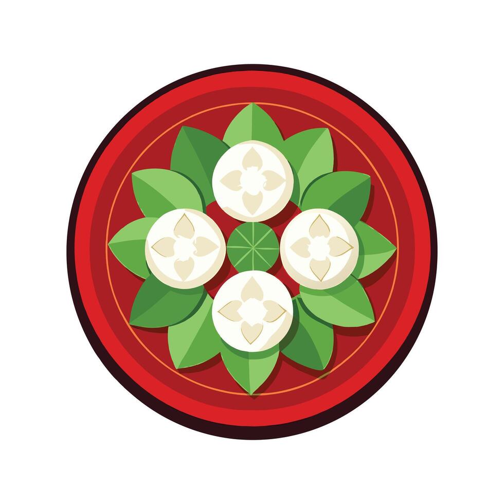 Top-down view of six white dumplings arranged in a flower shape on a dark red circular plate with a geometric border, garnished with green leaves. Illustration, highly detailed, realistic style. vector