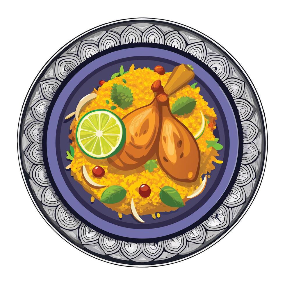 Indian dish Biryani chicken with basmati rice in metal brass old bowl vector