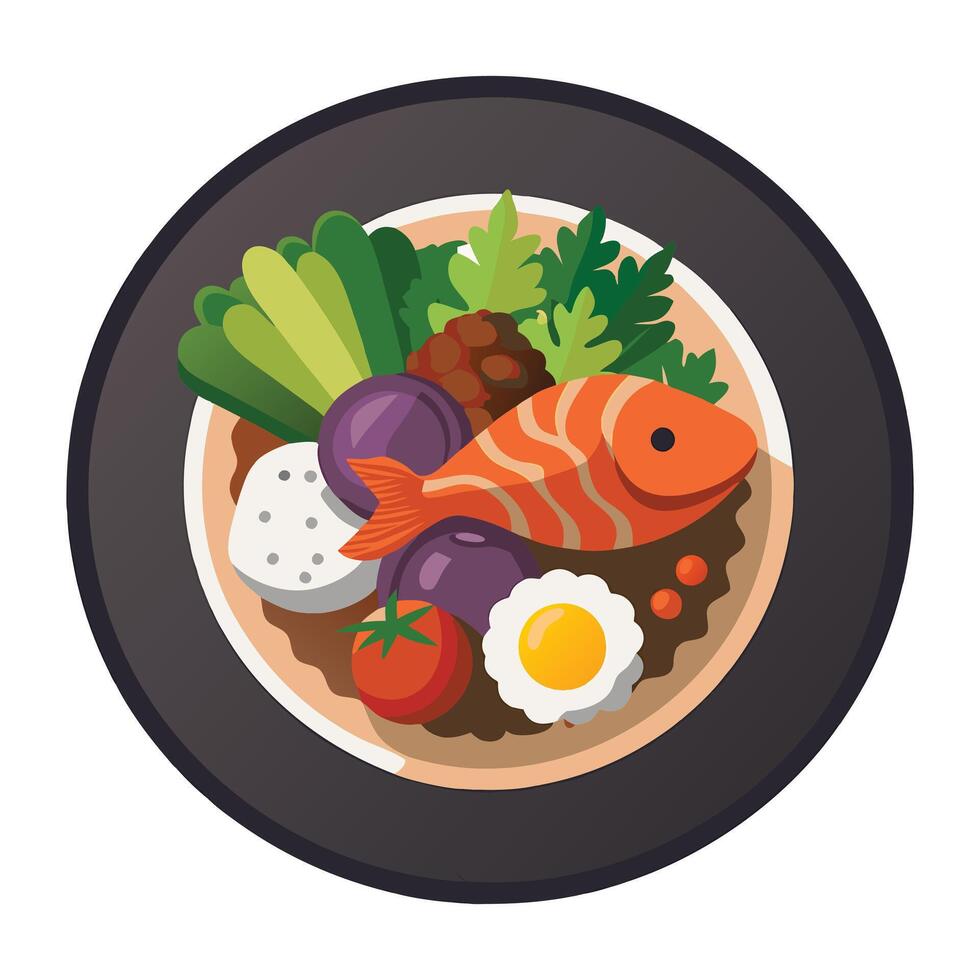 A top-down, photorealistic image of a plate of rice with fish and vegetables, in the style of a food advertisement. vector