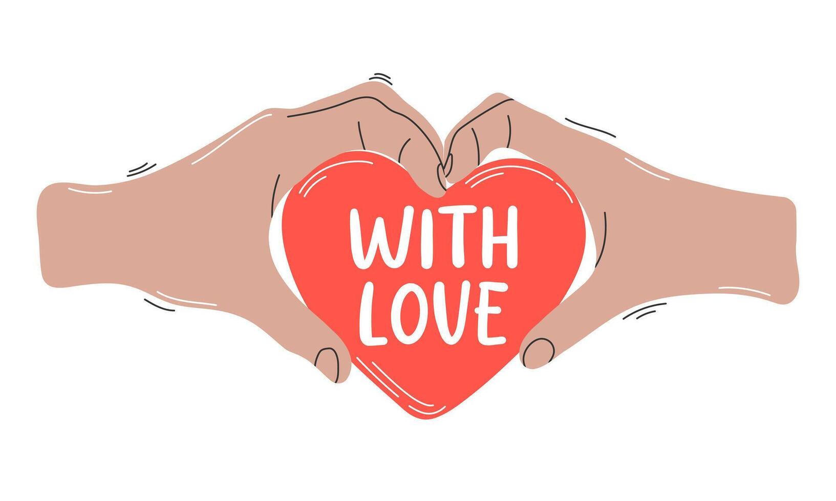 Hands holding heart with lettering With love isolated on white background. Red heart in human hands. Colored flat graphic illustration. vector