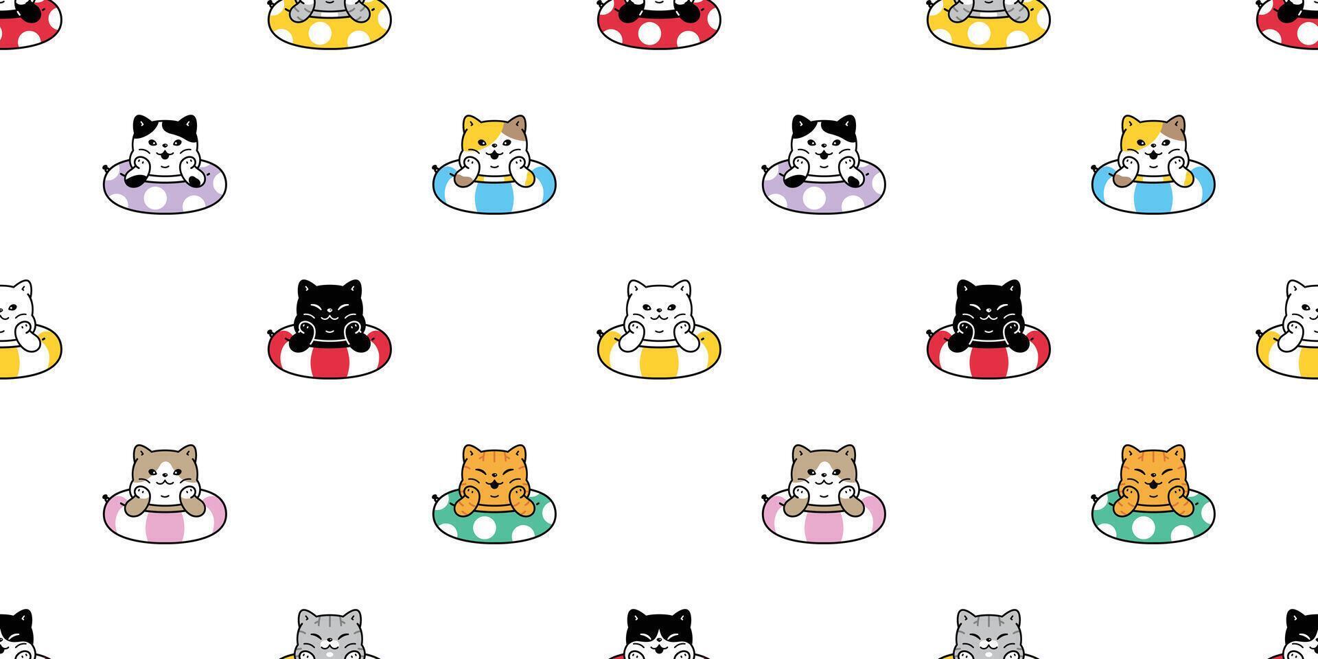 cat seamless pattern inflatable swimming pool ring kitten calico munchkin neko cartoon pet sea beach doodle gift wrapping paper illustration tile background repeat wallpaper isolated design vector
