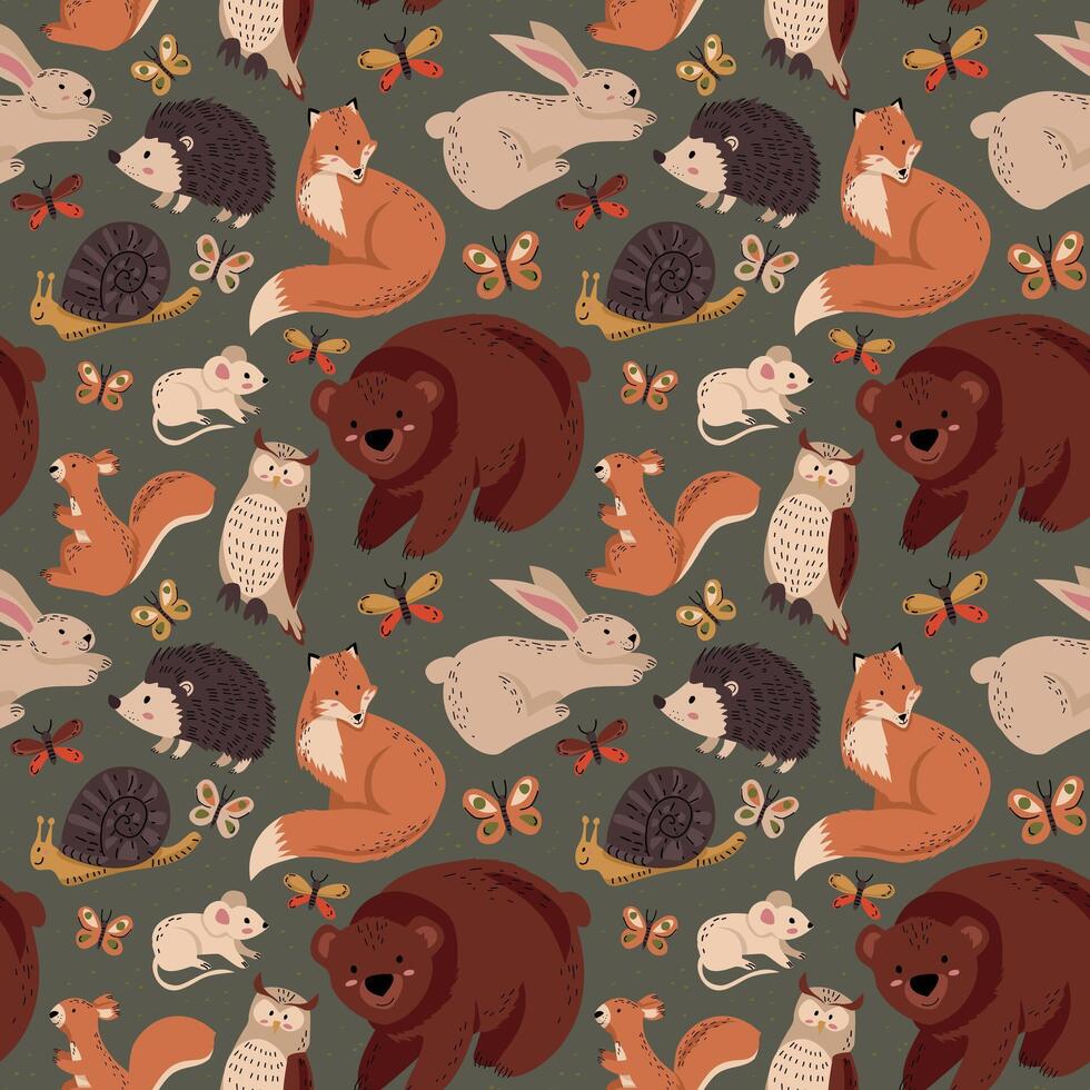 Hand drawn woodland seamless pattern with squirrel, fox, bear, hedgehog, mouse, rabbit. Fabric, wallpaper, vintage background. For kids and baby vector