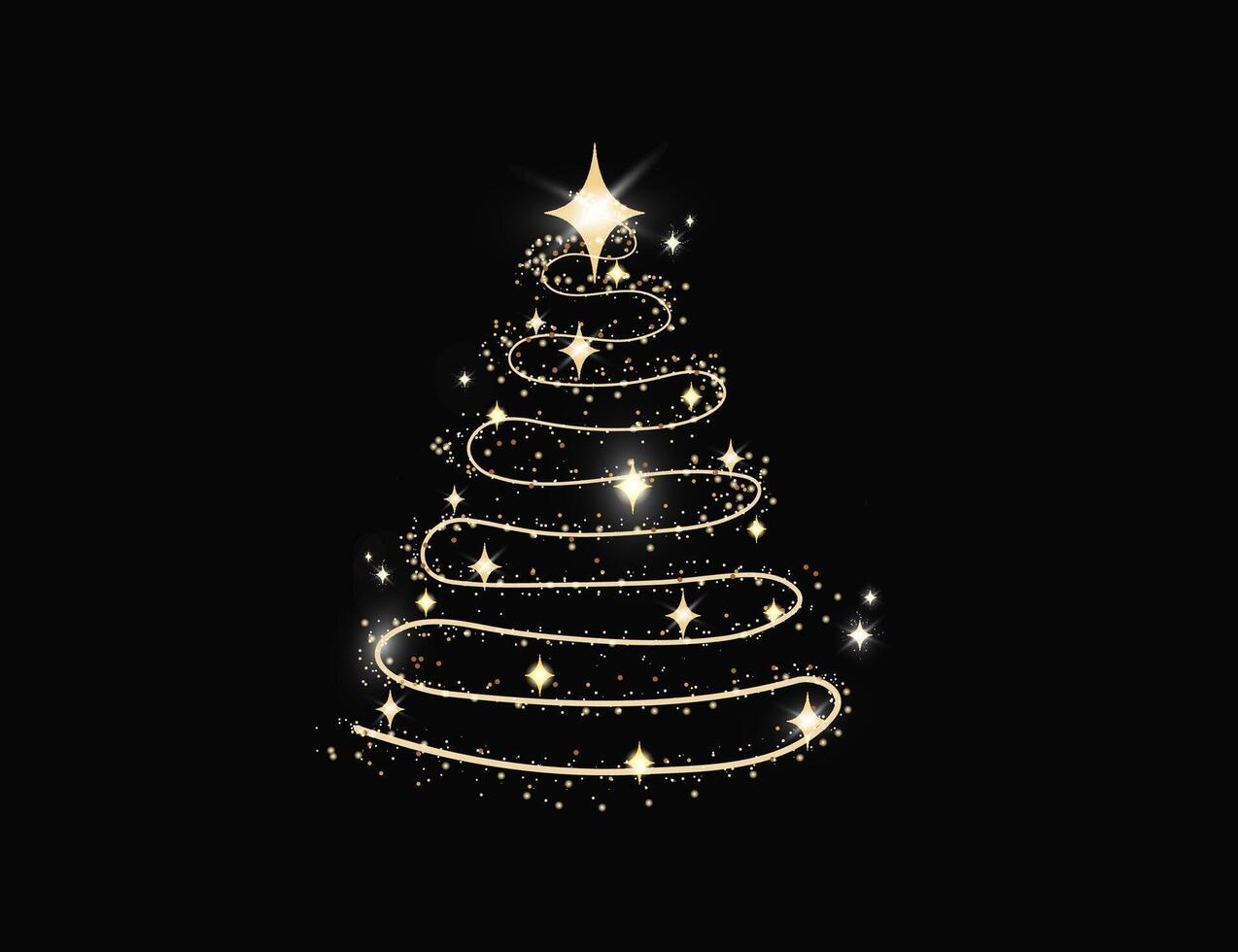 Shiny beautiful stylish magical spiral Christmas tree with gold shining star on top and sparkling magic dust particles on black background. Cards for Christmas, New year. vector