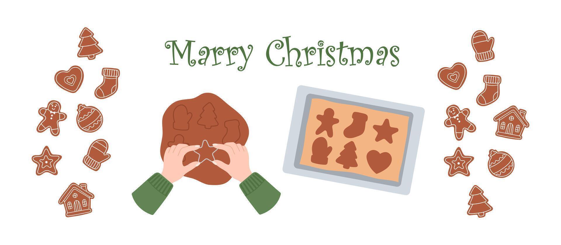 Holiday illustration of the process of making gingerbread cookies. Includes cookie cutters, dough, baking sheet and icing decorations in a simple holiday style. Perfect for Christmas projects. vector