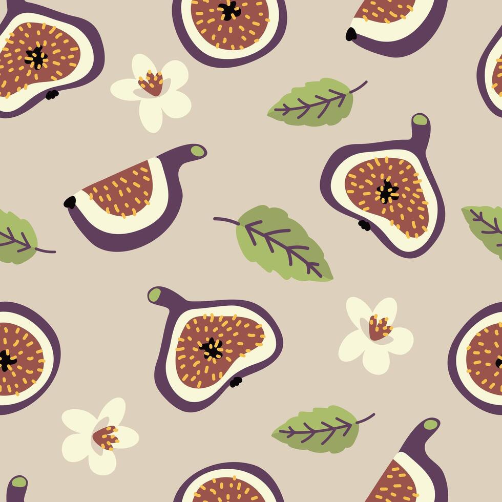 Seamless pattern with fig slices, flowers and leaves, illustration flat style vector