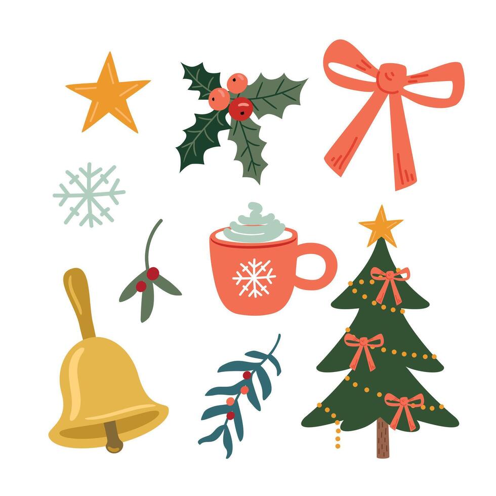 Set of Christmas elements for winter holidays, illustration in flat style on white background. vector