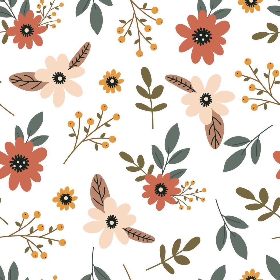 Seamless pattern with delicate flowers, leaves and twigs on a white background. Flat illustration vector
