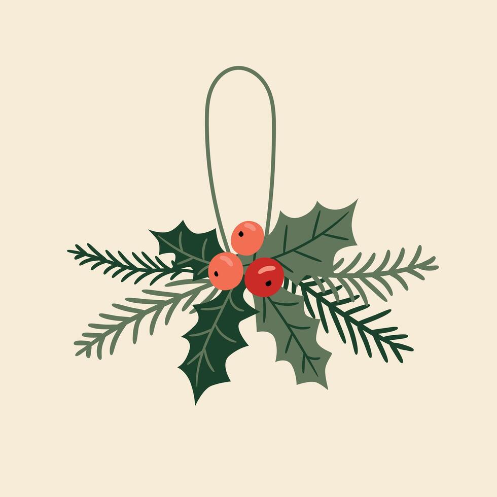 Christmas decoration with holly berries and evergreens, illustration in flat style vector