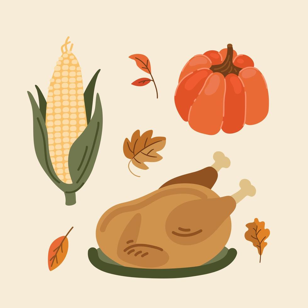 Festive autumn set with pumpkins, turkey and corn for Thanksgiving, flat style illustration vector