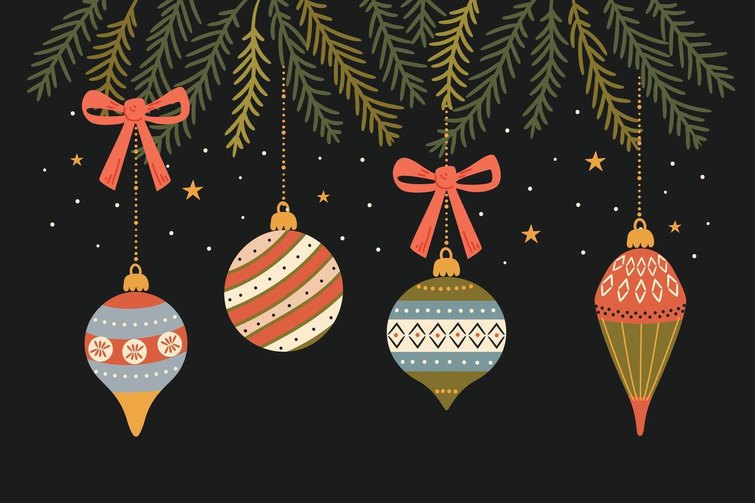 Christmas card with hand drawn Christmas tree decorations, flat style illustration vector
