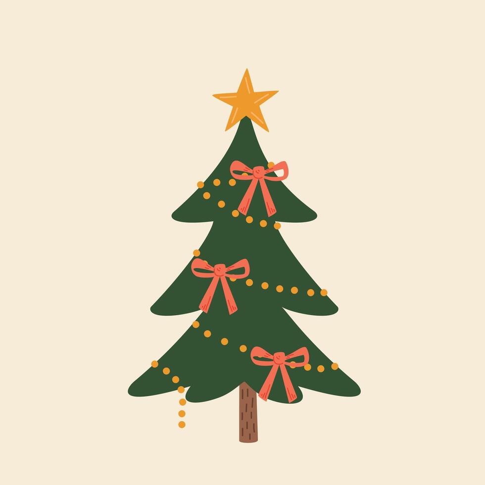 Christmas tree with red ribbon and star, New Year illustration in flat style vector