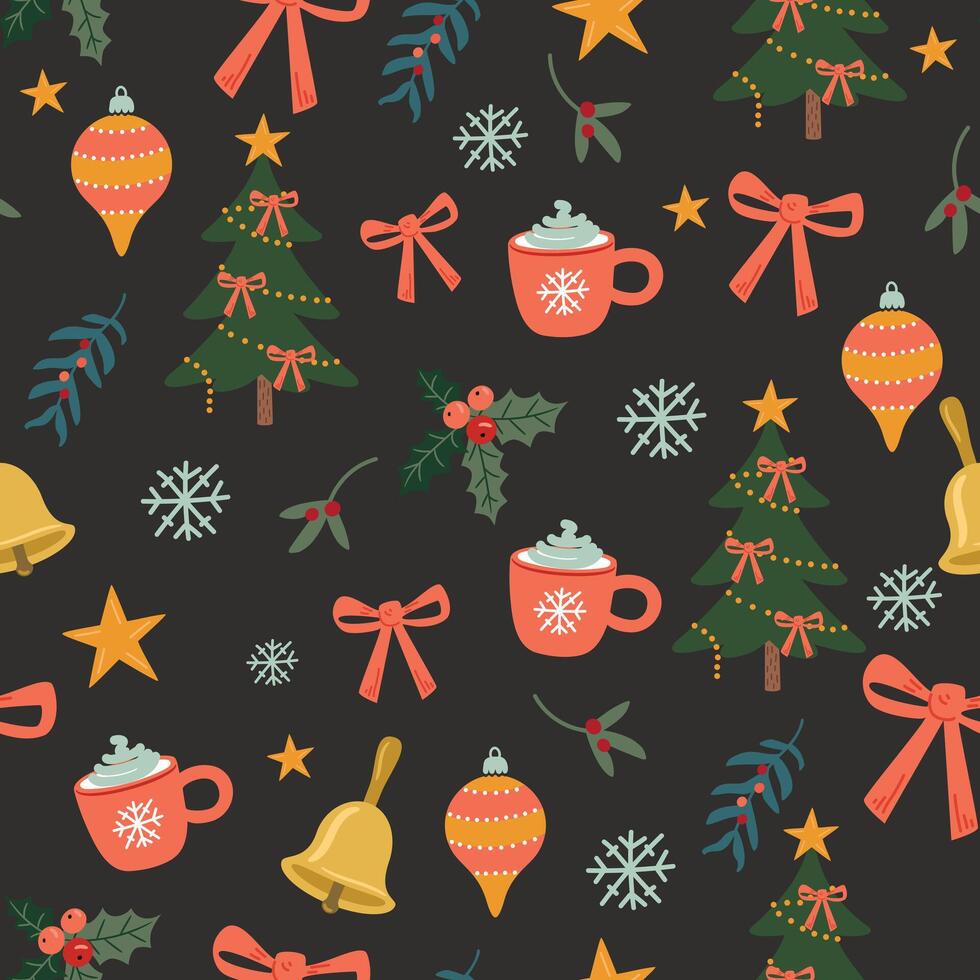 Seamless pattern with Christmas decorations and trees on a dark background. illustration flat style vector