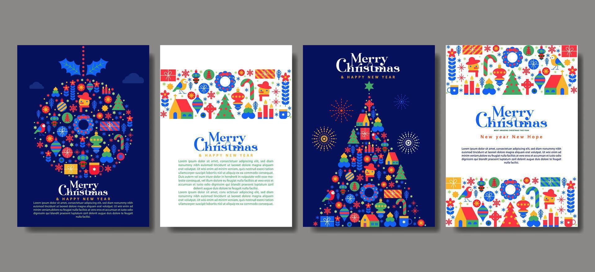 Merry Christmas greeting cards collection in modern minimalist geometric style vector