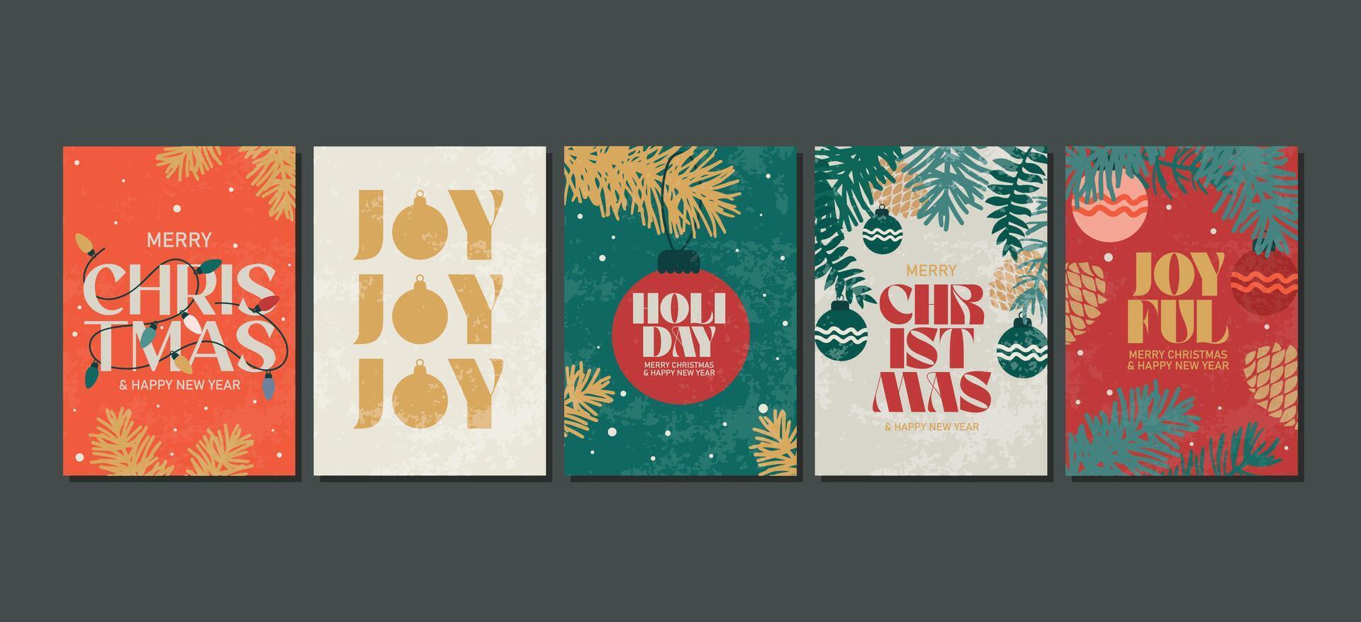 Collection of Merry Christmas and Happy New Year posters with trendy concept vector
