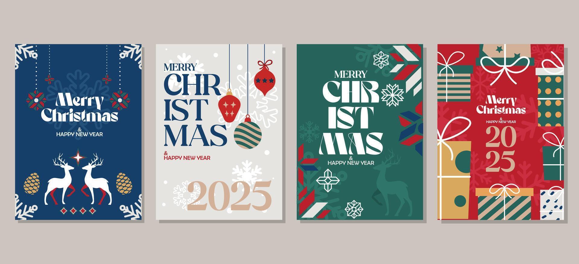 Collection of Merry Christmas and Happy New Year posters with modern concept vector