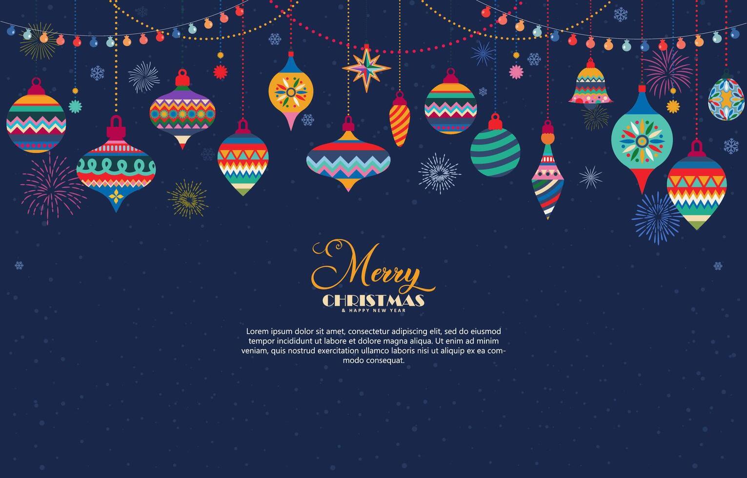 beautiful glass balls and fireworks for Merry Merry Christmas and Happy New Year background with trendy concept vector