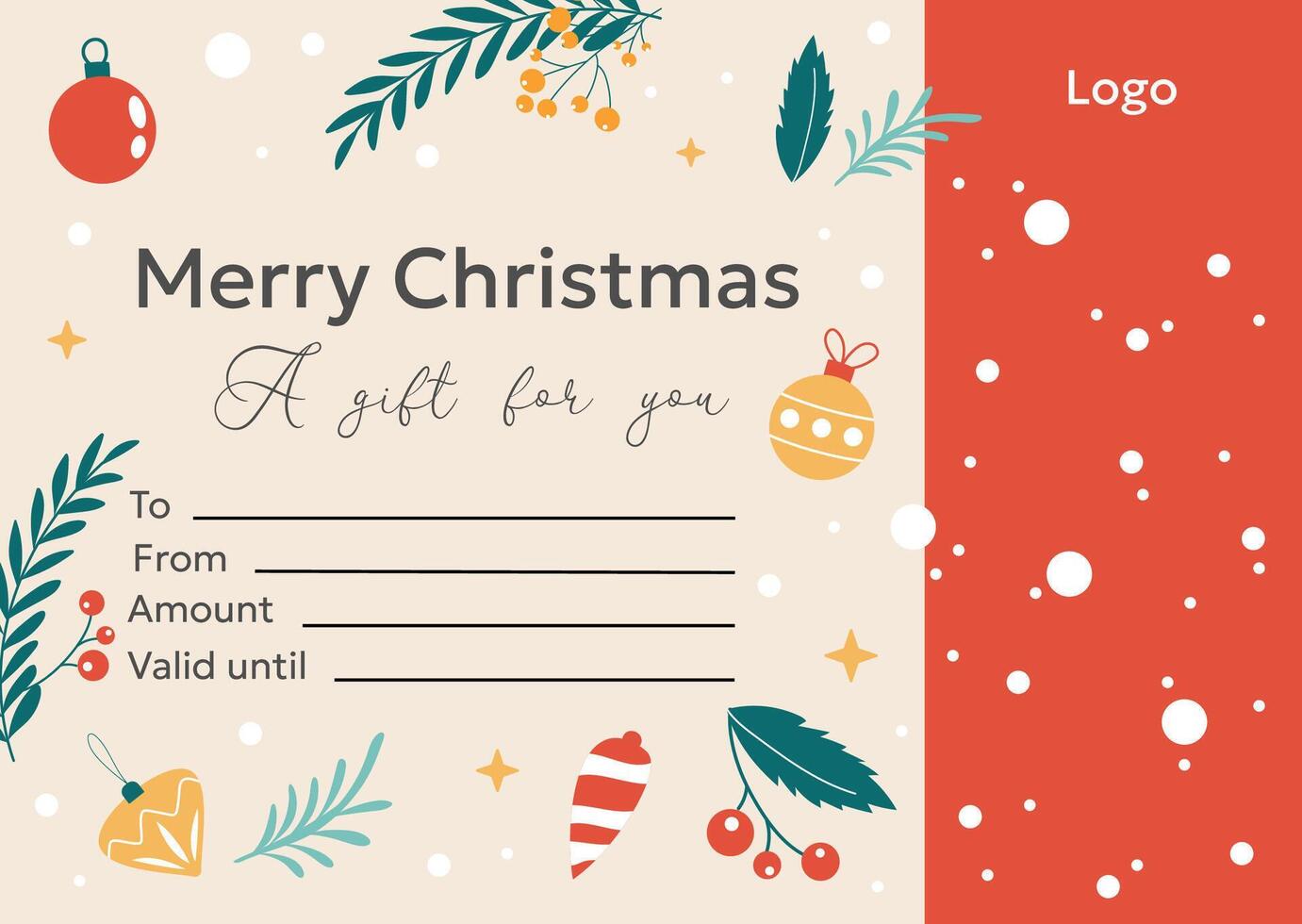 Christmas gift certificate template with hand drawn fir tree toys, plants and berries. vector
