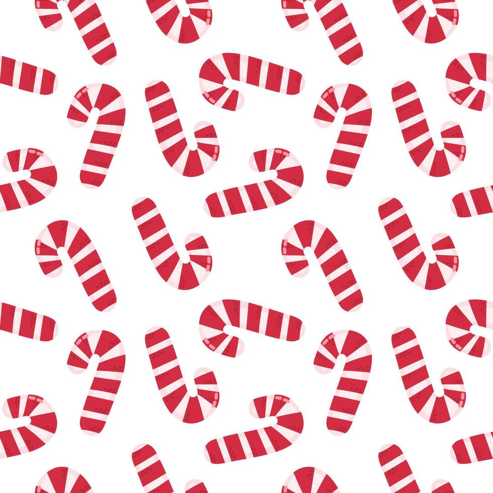 Red striped sweet candy canes on white background. Christmas pattern or background for different projects, design and textiles vector