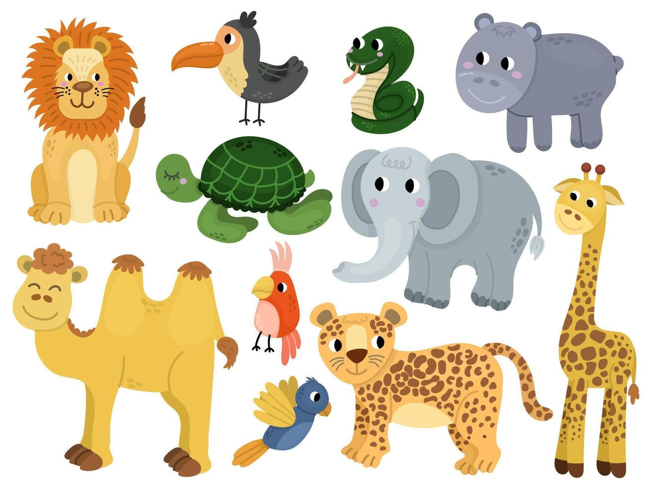 Animals cute for kids illustration set with different safari or jungle. Hippopotamus, camel, giraffe, lion and others. Cartoon design children vector
