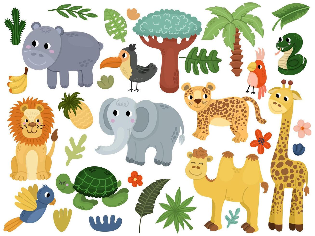 Big set with cute cartoon animals with face. Summer children's illustration with palm trees, tropical theme and animals giraffe, hippopotamus, cockatoo, lion and others. vector