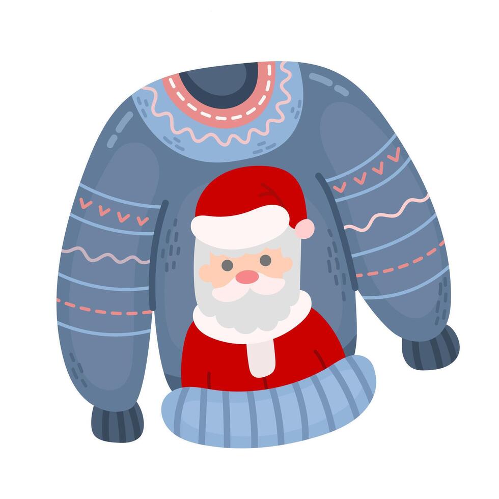 Cute knitted winter or holiday new year sweater with santa claus print on white background. Flat illustration vector