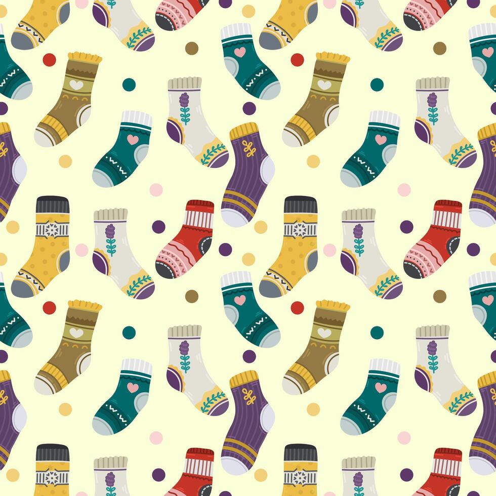 Seamless pattern with different socks on a bright yellow background. Funny print or modern design vector