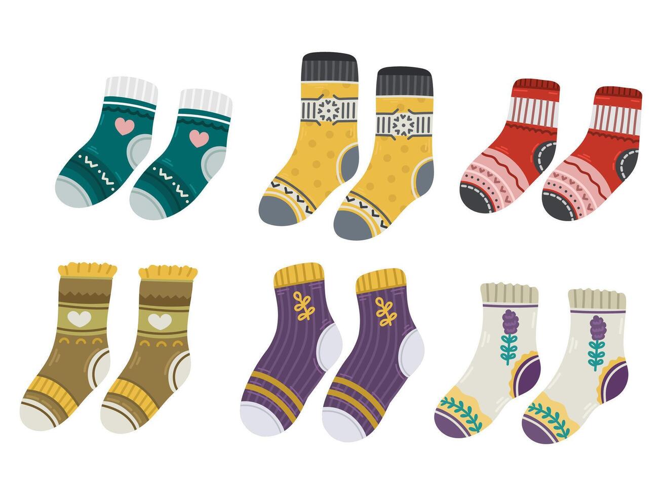 Set of cotton bright modern flat socks illustrations of different pairs. vector