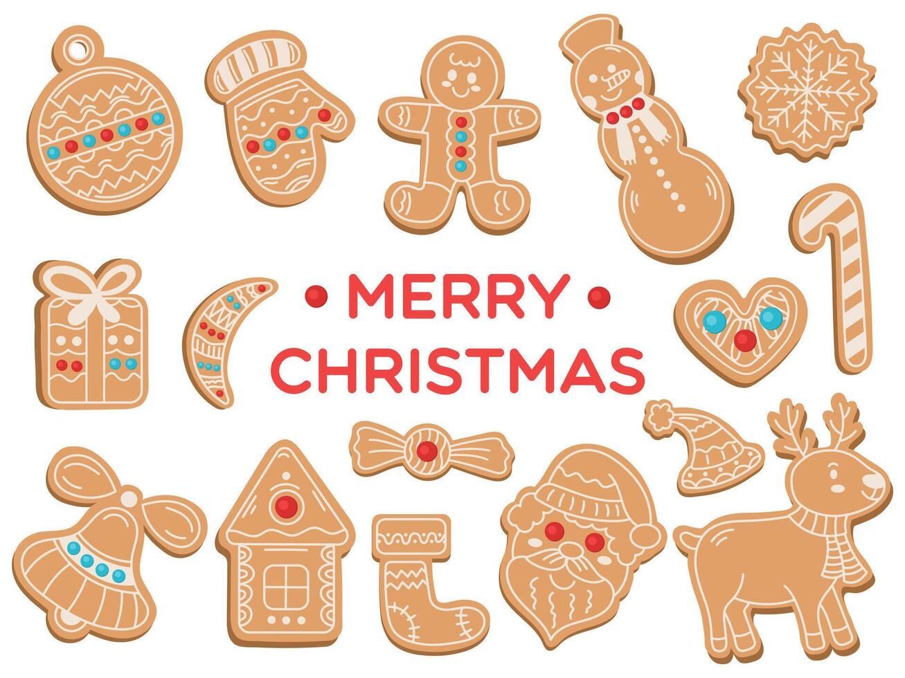 Set of different gingerbread cookies of different shapes for New Year celebration. Homemade baking illustration in flat modern style vector