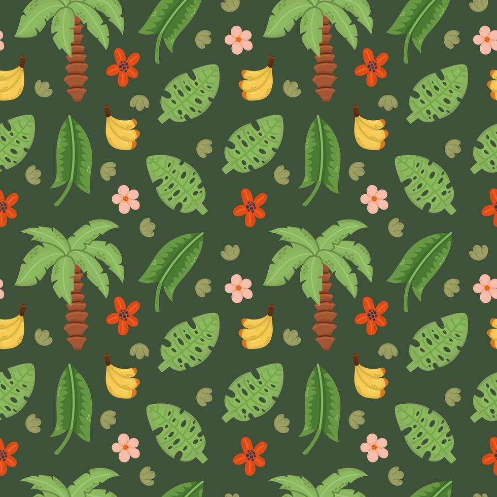 Tropical seamless flat pattern with different elements of jungle and safari. Palms, bananas, tropical leaves, modern design for print or textile summer vector