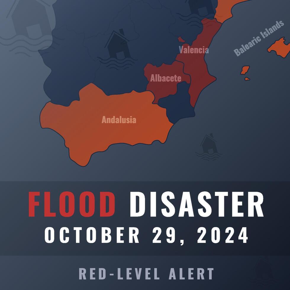 Flood disaster in Spain information illustration with map, flood symbol and text info vector